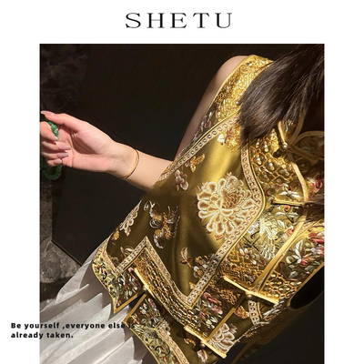 新中式复古禅意醋酸金色唐装上衣