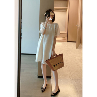 漫颜刘丝绵连衣裙2025夏季圆领宽松短袖套头直筒中长款纯色休闲裙