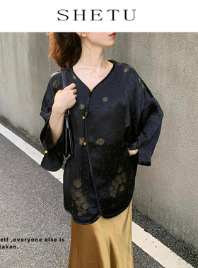 新中式复古禅意褶皱黑色外套女早秋新款斜襟提花宽松长袖国风上衣
