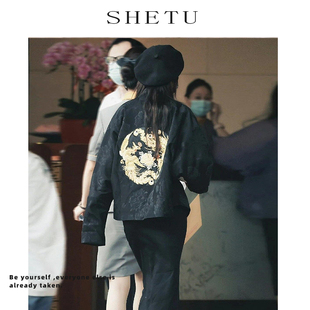 新中式 提花盘扣改良国风上衣 复古禅意刺绣黑色外套女早秋新款