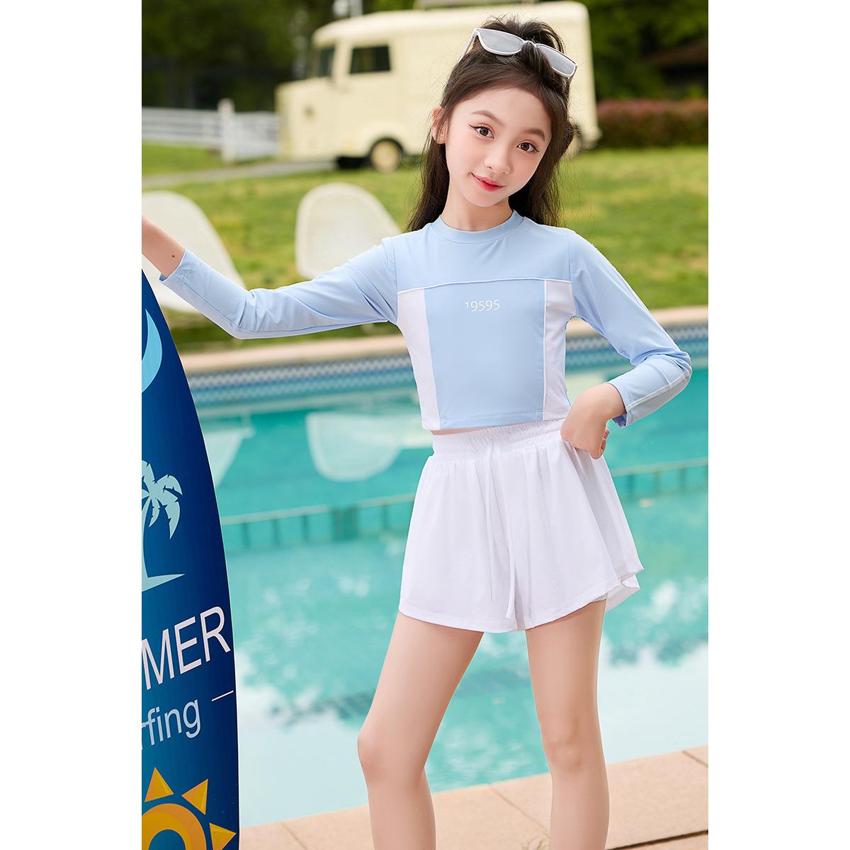 泳衣女款儿童分体洋气女大童初中生保守带胸垫游泳衣长袖防晒女孩