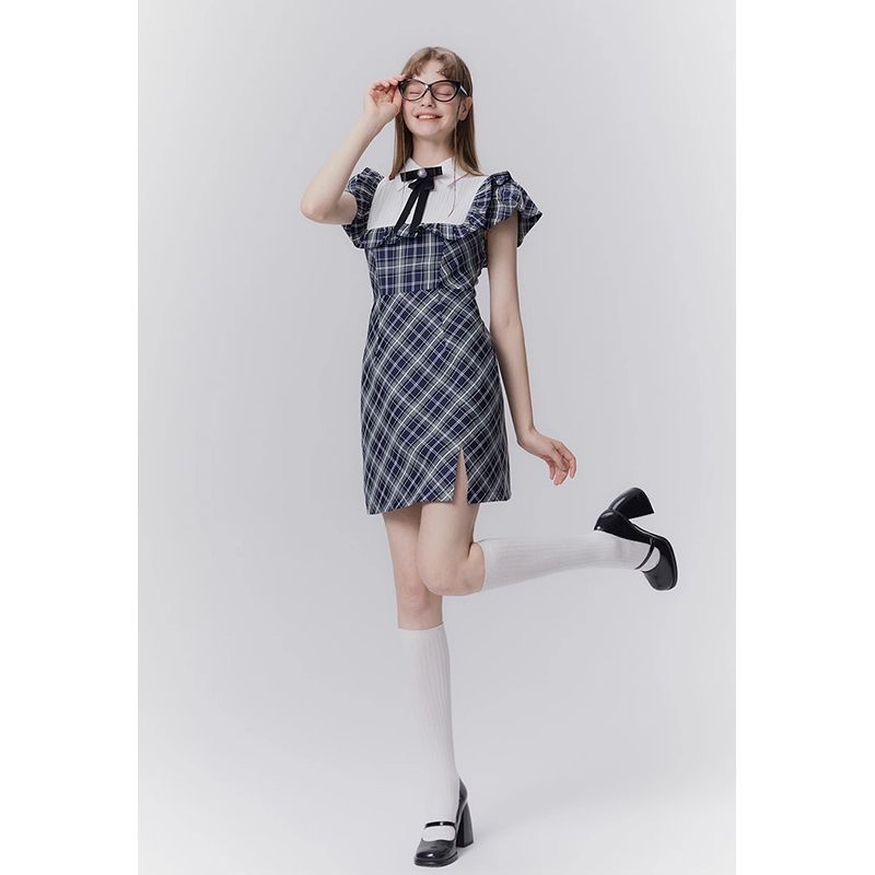 YOUOStudio律政俏佳人 蓝格纹连衣裙女夏季学院风小飞袖格子裙子