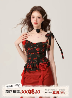 少也眼玫瑰炽影 黑色吊带T恤女夏季碎花显瘦设计感辣妹小个子上衣