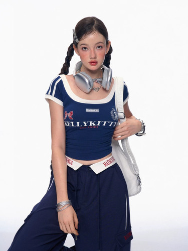 少也眼海派美高 美式运动套装女夏复古T恤休闲显瘦上衣辣妹短裙
