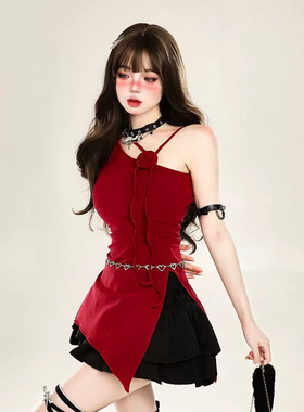 kellykitty心口朱砂 红色无袖露肩T恤女夏季不规则设计感吊带上衣