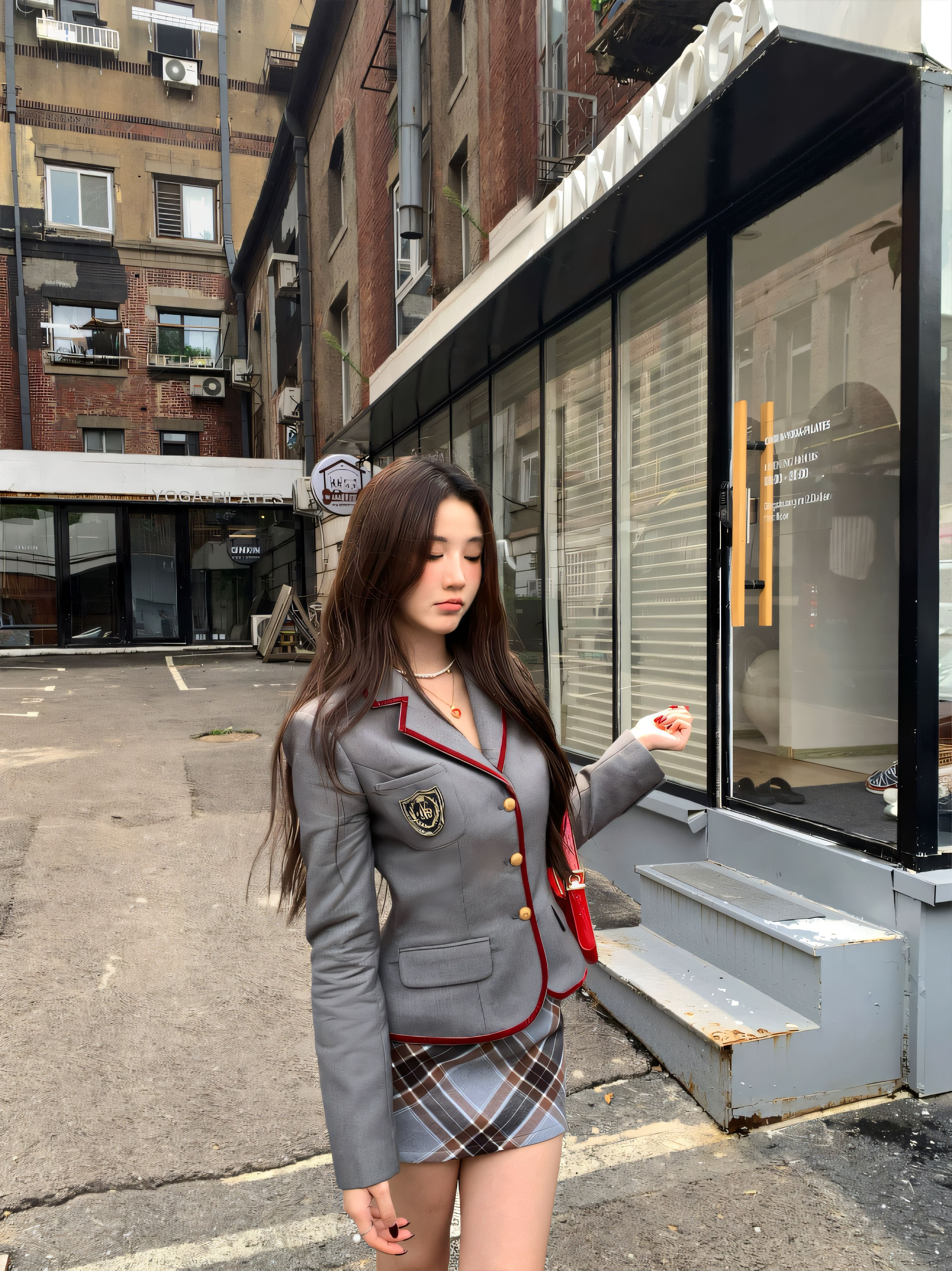 两只水仙 英伦女高 学院风套装修身西装外套格纹半身短裙两件套