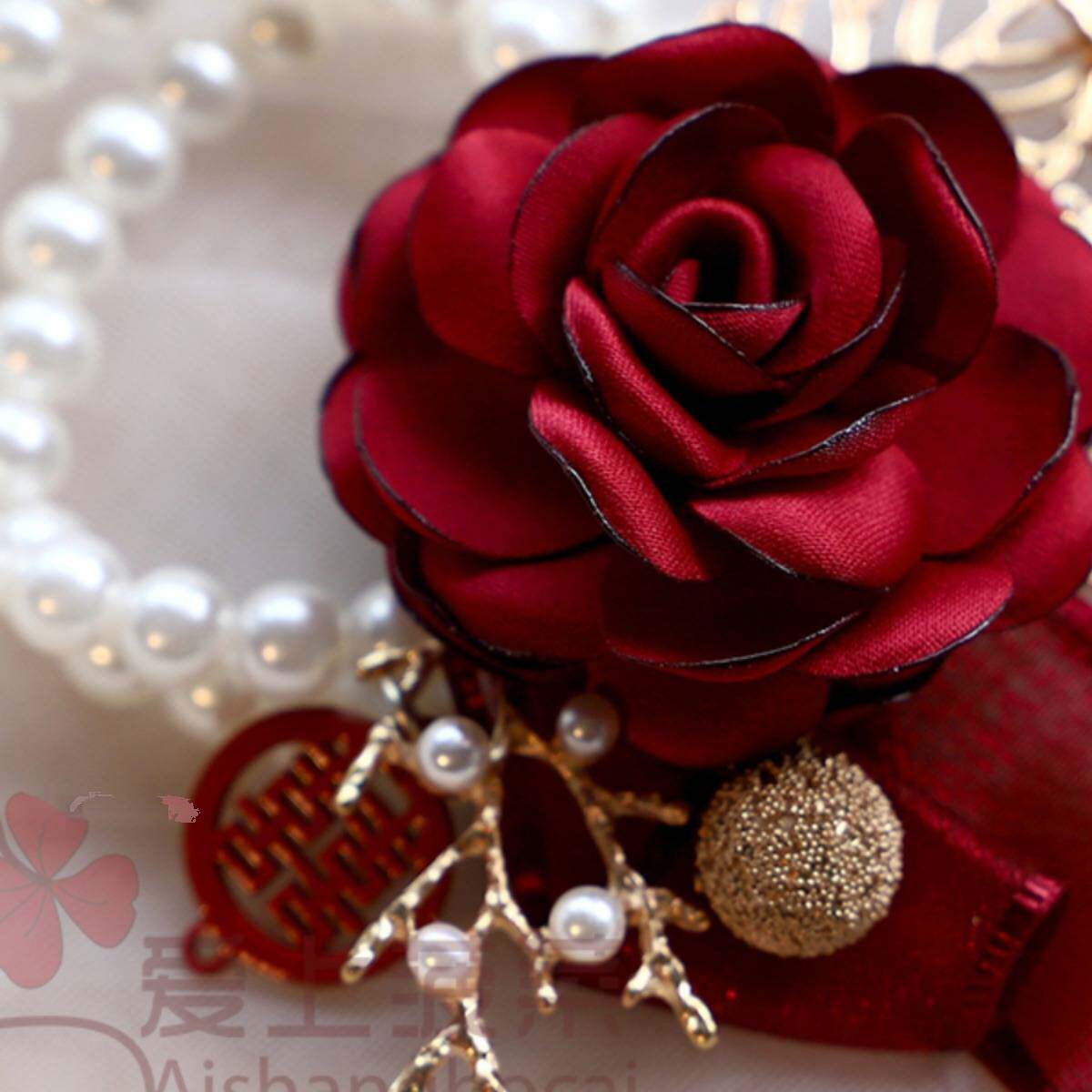 喜婆婆手花手腕花中式酒红色手腕花新娘喜婆婆父母高级感婚礼配饰