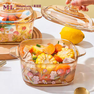 耐热双耳汤煲 食品级玻璃碗带盖泡面碗 大号微波炉沙拉碗家用