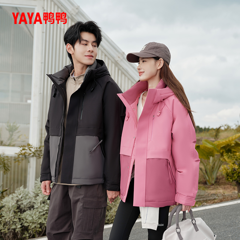 鸭鸭连帽短款工装羽绒服