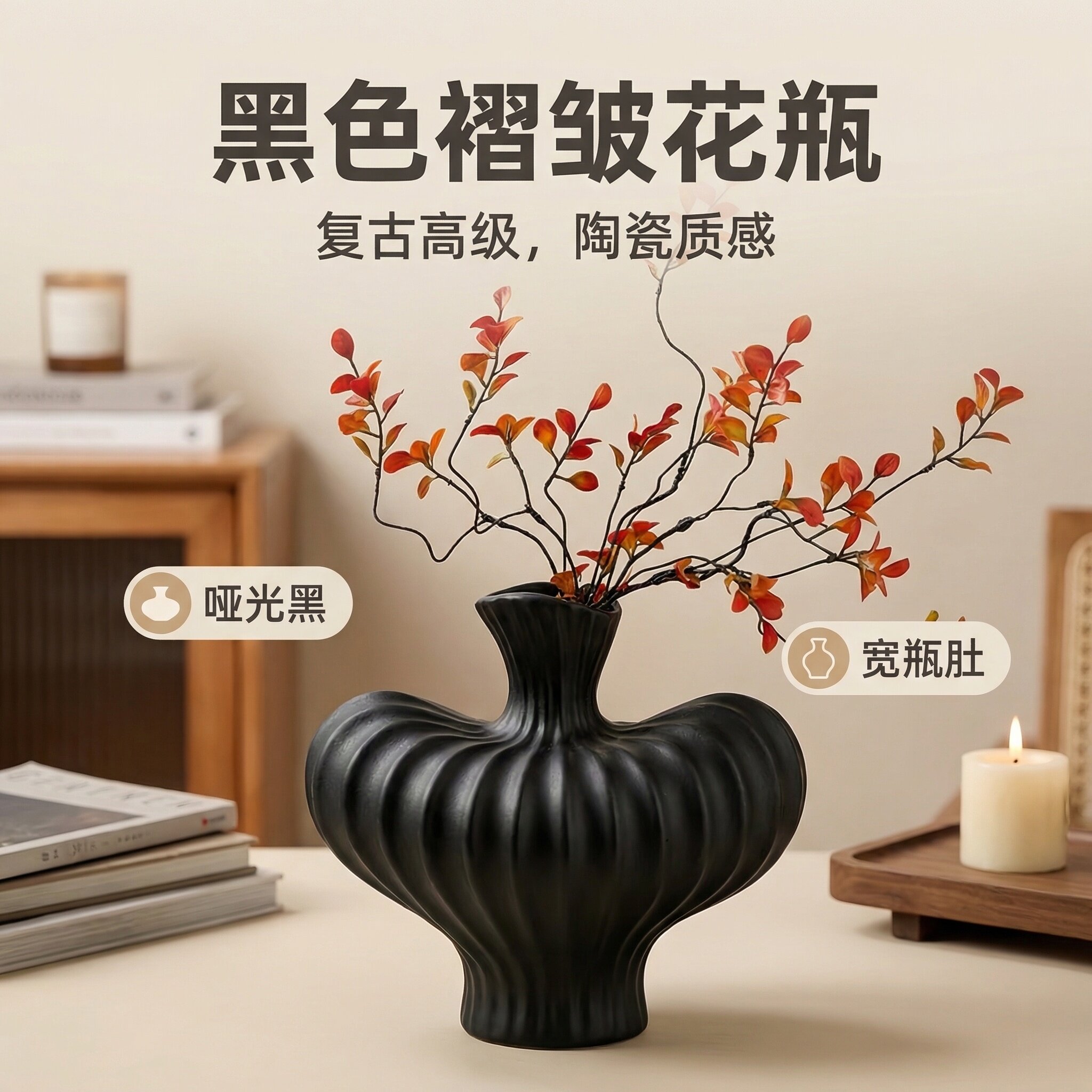 北欧现代简约陶瓷花瓶黑色宽瓶肚装饰摆件卧室客厅