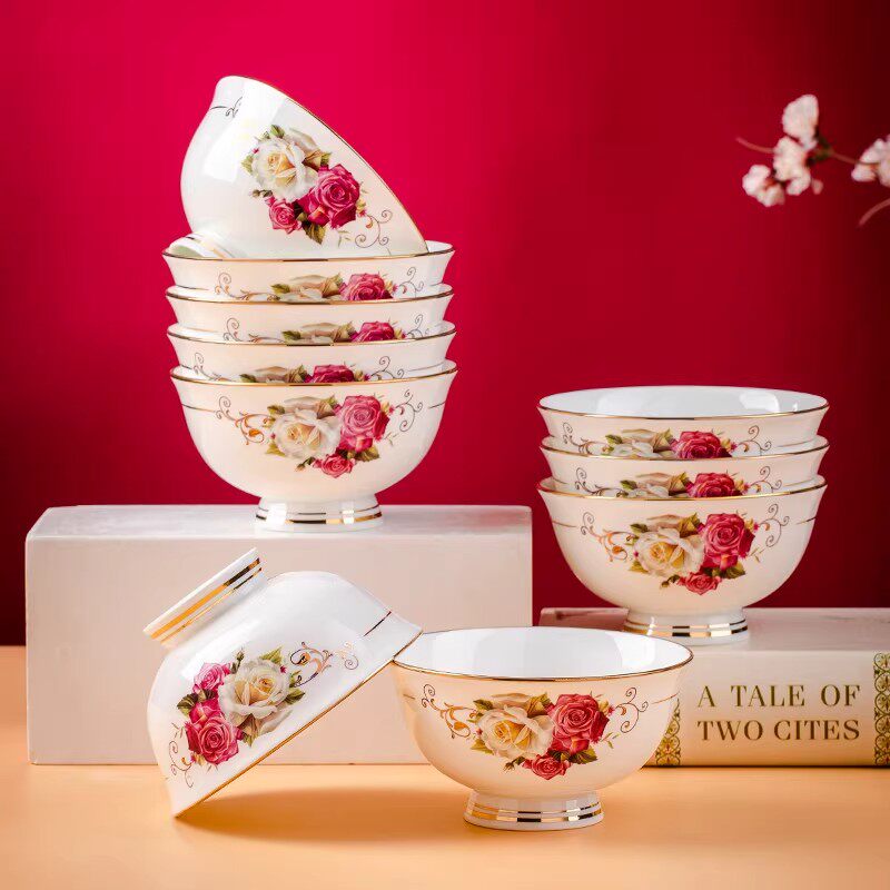 景德镇陶瓷米饭碗家用高脚防烫4.5/5英寸大号骨瓷吃饭碗面碗4/8个
