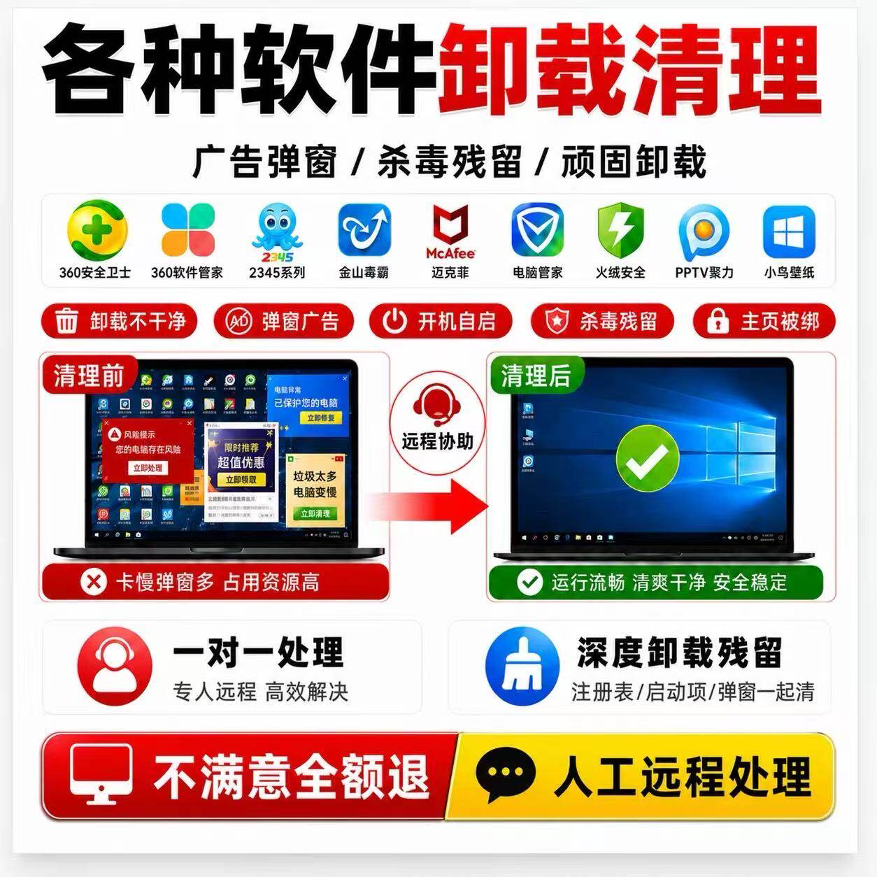 电脑远程卸载流氓软件360鲁大师弹窗广告删除浏览器捆绑清理C盘