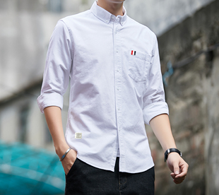 男士纯棉长袖牛津纺衬衫有口袋上班修身白色商务休闲衬衣上衣服