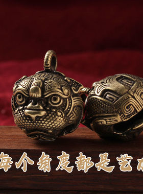 手工黄铜虎头铃铛钥匙扣招财