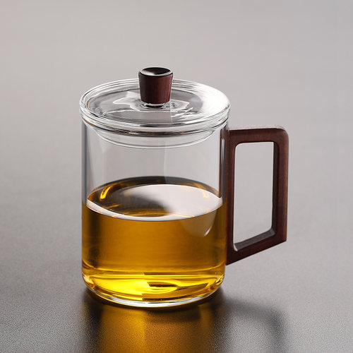 办公用耐高温带盖玻璃绿茶杯家用个人饮水杯高端会议木柄茶杯