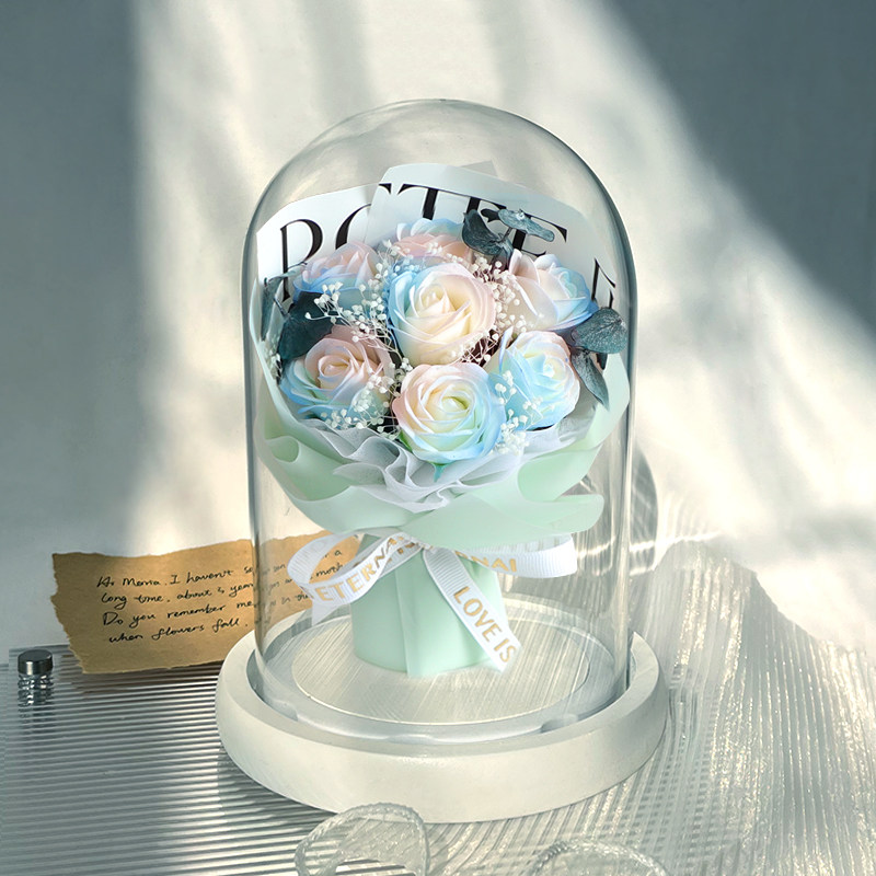 女朋友生日礼物玫瑰花玻璃摆件花碎花礼盒花束冰蓝