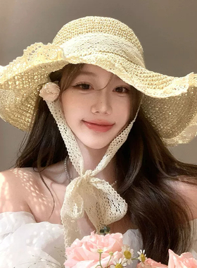 草编大檐系带防晒草帽女