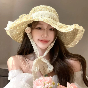 草编防晒帽女大檐系带遮阳帽海边度假沙滩出游飘带草帽