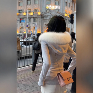 灰色毛领修身卫衣外套女加绒短款上衣收腰美式连帽衫秋季2026新款