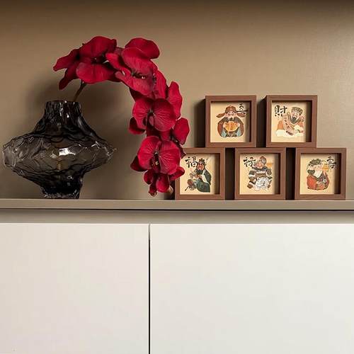 五路财神爷办公室桌面装饰摆台手绘插画创意木质相框摆件