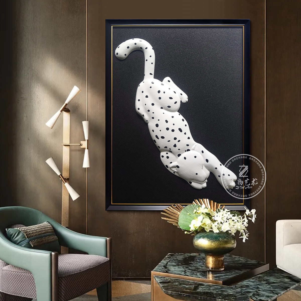 招财豹装饰画木雕刻3D立体装置艺术手绘砂岩实物挂画入户玄关墙画