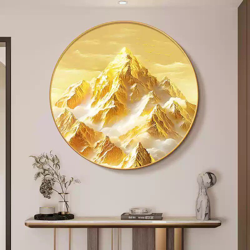 日照金山玄关装饰画背有靠山沙发背景墙挂画寓意客厅餐厅圆形壁画