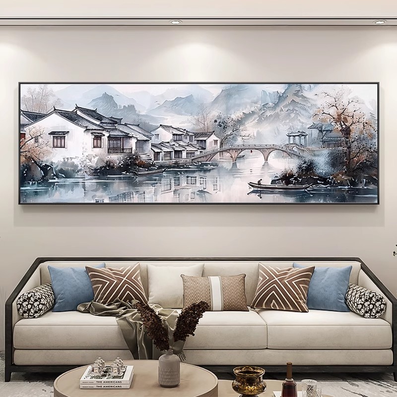 江南水乡客厅装饰画新中式水墨沙发背景墙挂画办公室茶室书房壁画