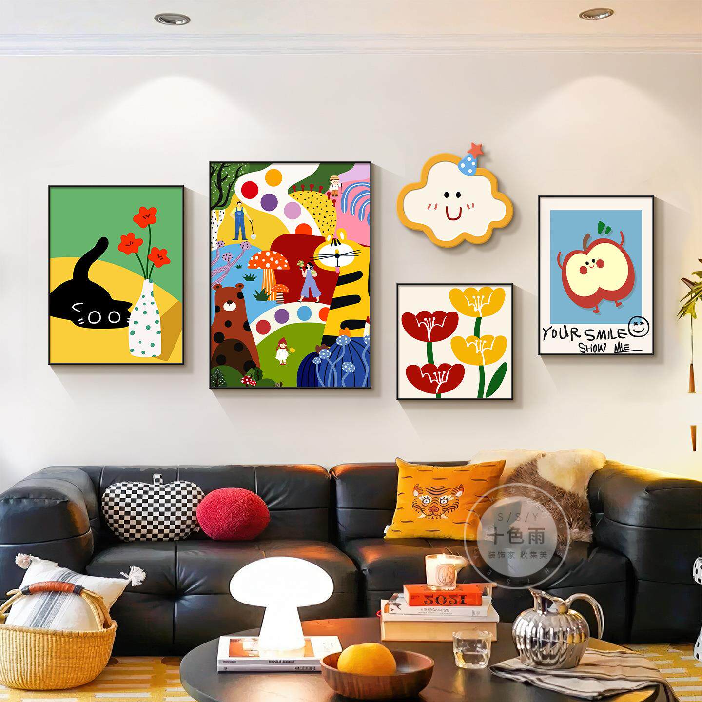 奶油风客厅装饰画多巴胺沙发背景墙挂画抽象卡通儿童卧室组合壁画