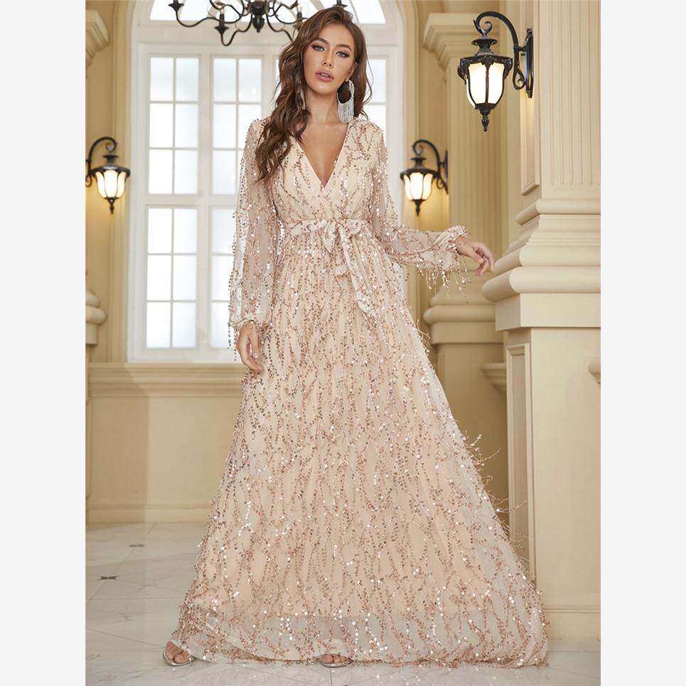 V领连衣裙珠片流苏长袖V领舞会婚礼结婚生日礼服裙 party dress