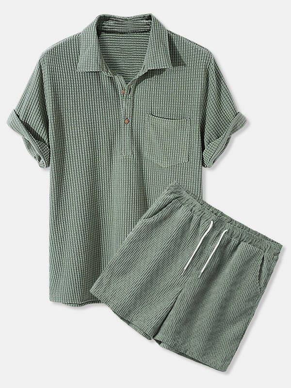 2023夏季新款欧美男士休闲宽松灯芯绒短袖套装沙滩短裤men's