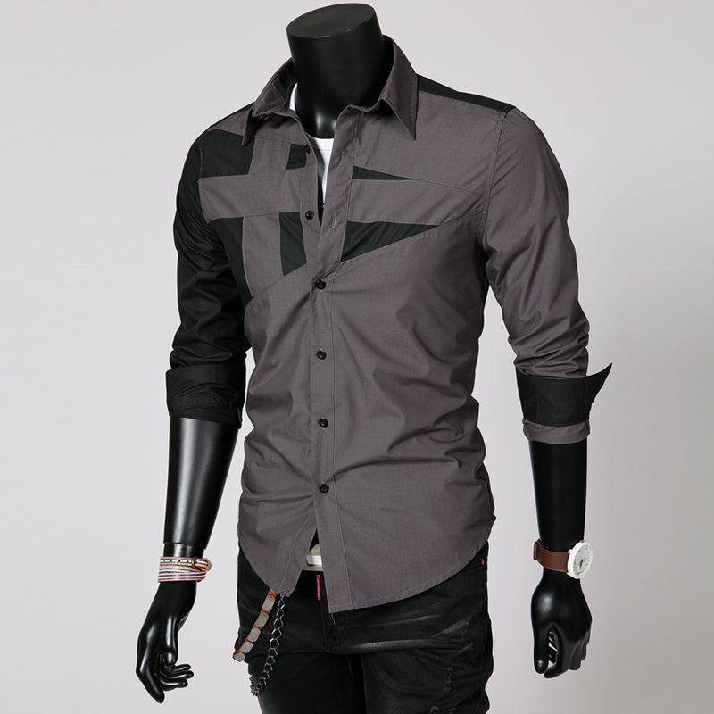 韩式风撞色长袖衬衫潮流修身男款衬衣黑色men s casual shirt top