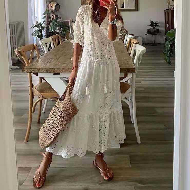 Floral Maxi Cotton Dress Women 2022 Summer休闲甜美V领连衣裙图片