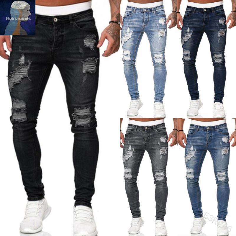 Men's jeans欧美街头男士水洗做旧小脚裤破洞磨白修身牛仔长