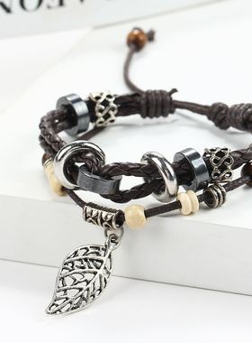 couples hand catenary women bracelet men 编织树叶男士皮手链