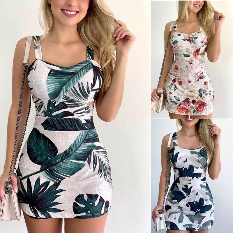 Sexy slim print hip skirt summer women slip dress 低领吊带裙