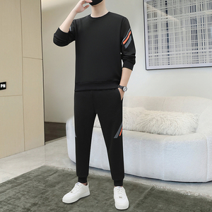 耐铂恩新款春秋季长袖休闲百搭透气两件套运动卫衣印花拼色套装男