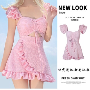 保守纯欲甜美纯欲游泳衣女款 新款 连体裙式 ins纯色少女粉新款 韩版