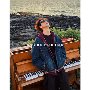 S123 巴家假两件拼接撞色连帽牛仔夹克秋冬高街字母情侣外套