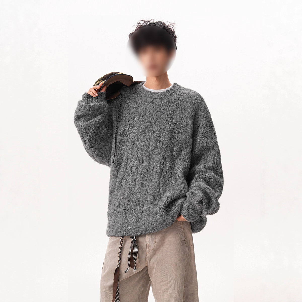 V37美式重磅肌理感圆领针织衫男秋冬新款宽松简约套头毛衣