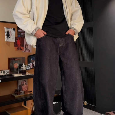 【抖音同款】秋季复古丹宁蓝弯刀牛仔裤男款休闲百搭水洗休闲裤