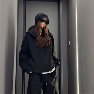 炎炎服饰 双面绒套装男女同款百搭纯色半拉链连帽卫衣宽松休闲