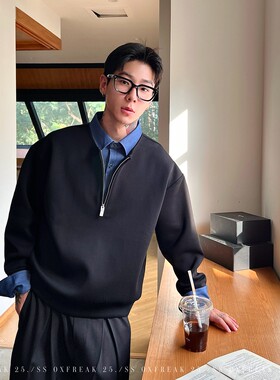 OXFREAK「衬衫式內襟」假两件半拉链卫衣男秋季翻领长袖