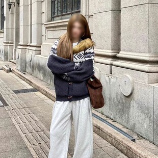 费尔岛连帽针织开衫毛衣男女款秋冬季氛围感穿搭美式复古毛领外套