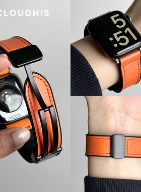 CLOUDHIS新款疯马皮硅胶磁吸iwatch表带适用苹果手表applewatch运动s11腕带s10皮革ultra男款小众s9女款s8潮7