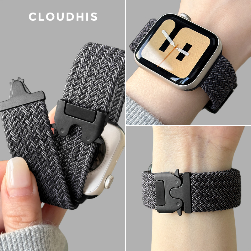 CLOUDHIS适用iWatchs10尼龙降伞扣表带applewatch新款创意编织弹力金属扣回环表带苹果手表运动ultra男女表带