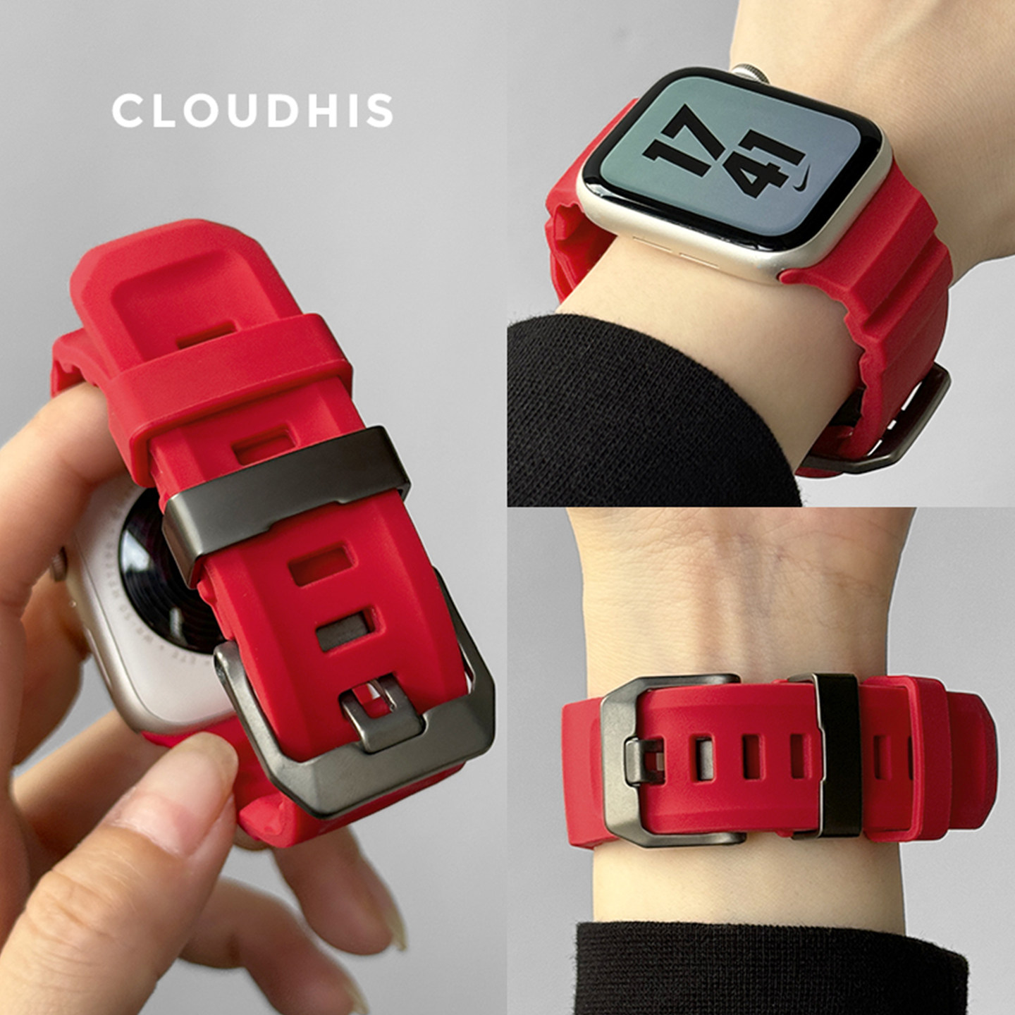 CloudHIS新款红色野径运动硅胶iwatch表带s9适用苹果手表表带S10防水s11透气applewatch创意SE2代8男款Ultra3