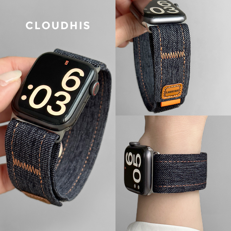 CLOUDHIS适用iwatch9苹果手表applewatch8/7表带复古牛仔回环魔术贴iwatch4/5/6简约百搭舒适男女款s9/s8/s7