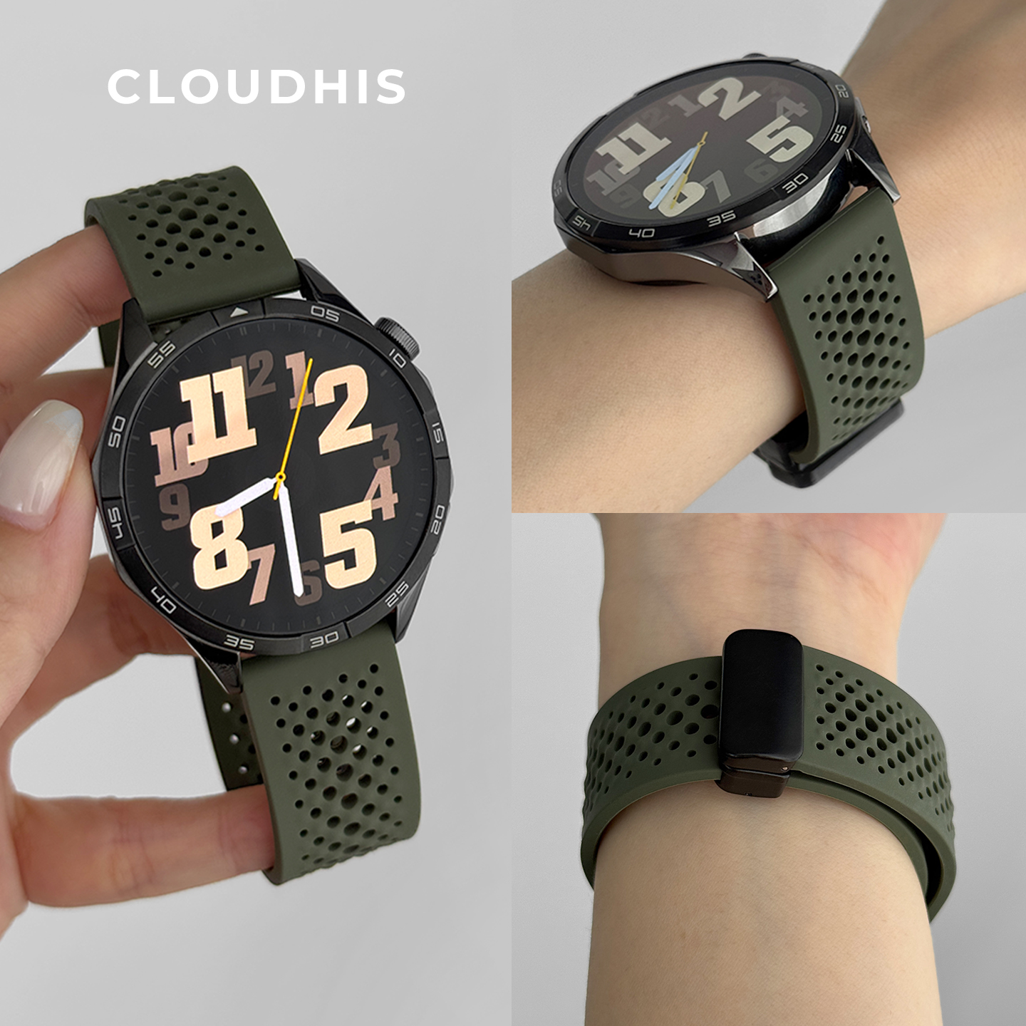 CLOUDHIS适用华为GT5表带watch4pro手表新款硅胶磁吸gt4金属扣GT3pro智能运动GT2春夏季高级透气腕带男女GT