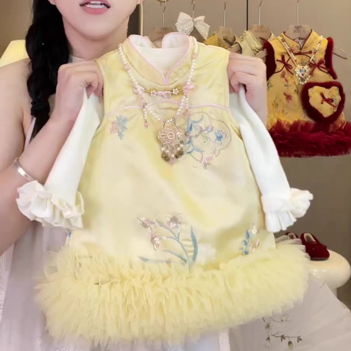 女童国风旗袍裙冬装儿童公主裙夹棉加厚周岁女宝宝礼服冬过年衣服