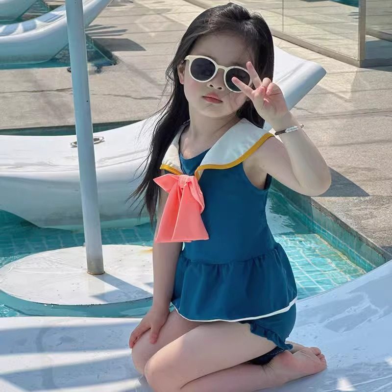 女童泳衣夏季新款儿童分体泳装韩系可爱海军领游泳衣沙滩度假泳装